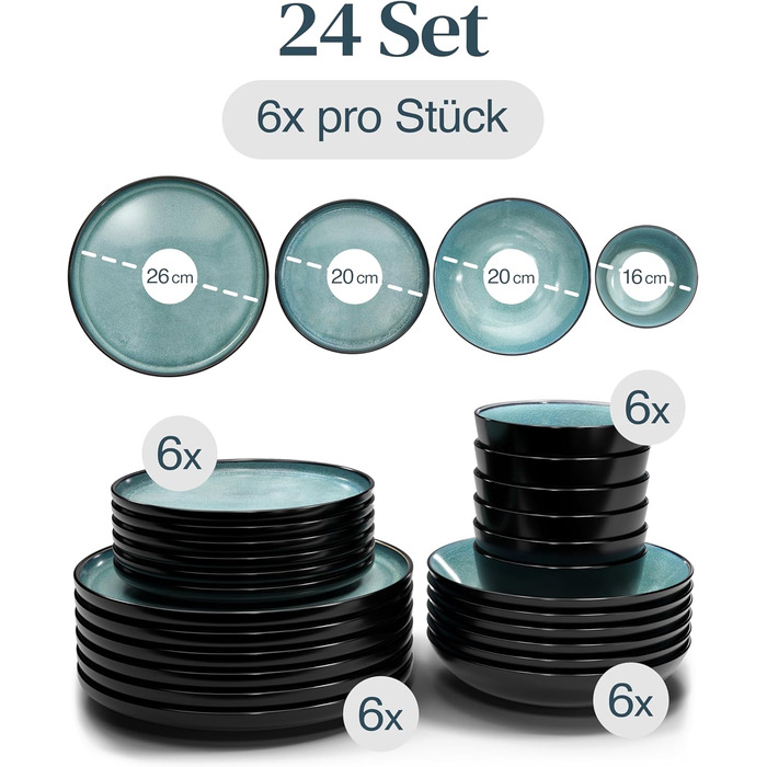 Набір посуду Steingut Ibiza 24 шт. для 6 осіб (Pure Living Petrol) - Серія Pure Living, Petrol