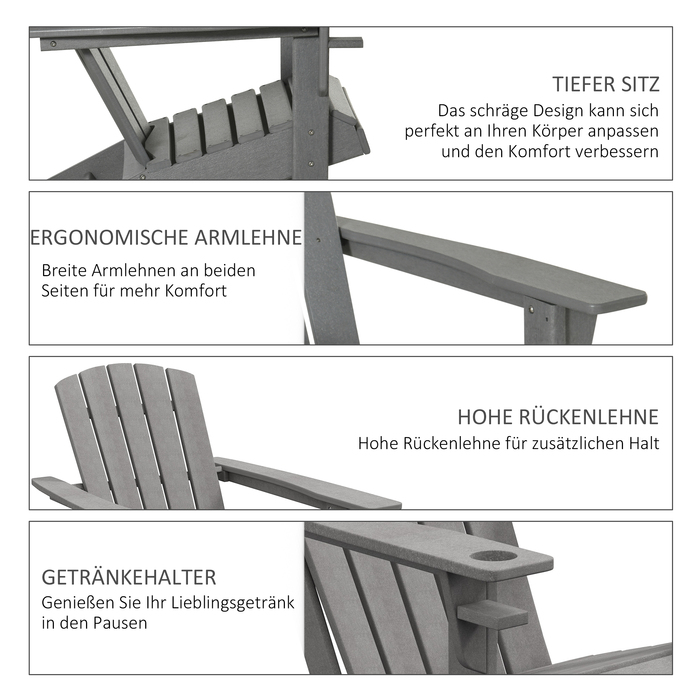 Крісло Adirondack Outsunny з підстаканником, садове крісло з пластику, сірого кольору, розміром 75 x 87 x 90 см, ідеально підходить для садово-балкових меблів.