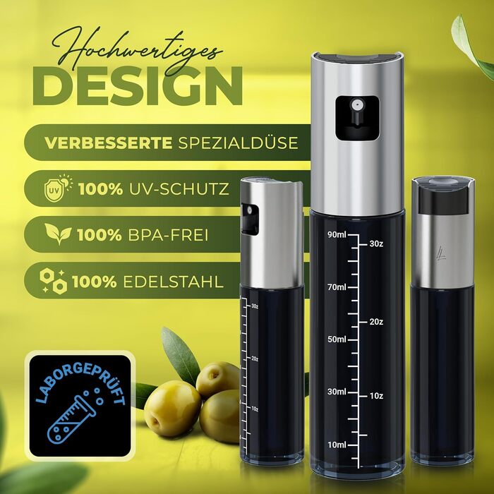 Олійний розпилювач Leisure Life® 2 шт, нержавіюча сталь 1 мм, захисне скло UV, BPA-free, 100 мл, для оливкової олії та здорового приготування (Чорний обсидіан)