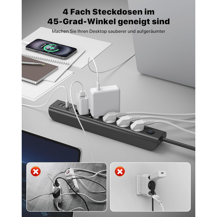Мережевий фільтр Steckdose 8 в 1 з USB, 3680W, з вимикачем, 16A, 2 USB-C, для смартфонів, ноутбуків, iPad, 1.8M кабель, білий (чорний 5AC)