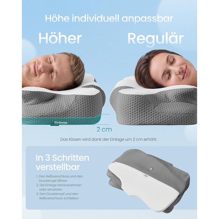 Подушка SONGMICS ергономічна з Memory Foam для сну (біла/сіра), регульована висота, для бокового, спинного та переднього положення