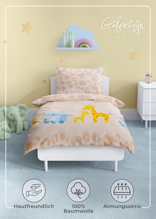 Комплект постільної білизни для дітей Gräfenstayn® з принтом тварин (жирафа, слон, коала) - 100% бавовна (ренфорс) - ковдра 135x100 см, подушка 60x40 см