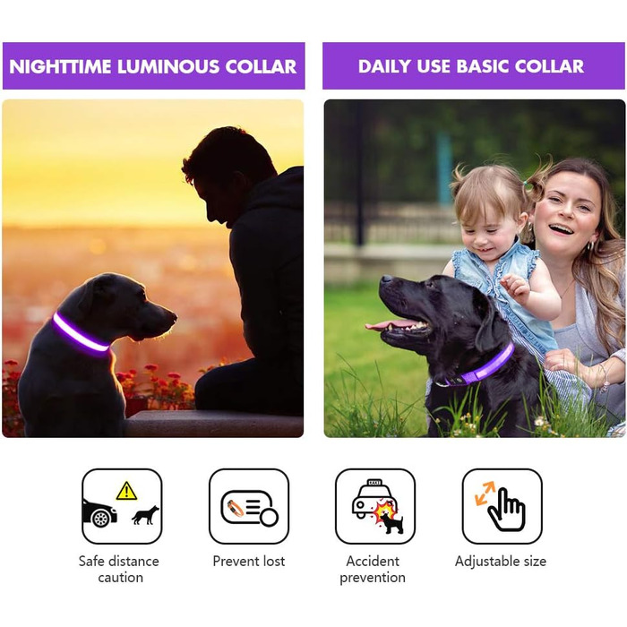 Світлодіодна нашийникова стрічка для собак Masbrill: водонепроникна, з 3 режимами світіння, регульована, для малих, середніх та великих собак, фіолетовий - S