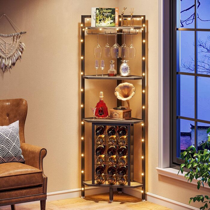 Tribesigns Wine Rack Freestanding Floor, 4-Tier Corner Wine Rack with Glass Holder & Wine Storage, Industrial Wine Rack Wine Bar Cabinet for Bar, Kitchen, Dining Room, Grey