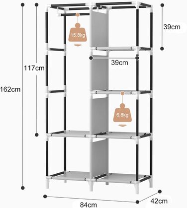 Wardrobe, Portable Fabric Clothes Closet with Clothes Rod, 6 Shelves, 4 Side Pockets, and Cover, Sturdy Clothes Racks for Bedroom Dressing Room (Black, 84 x 42 x 162 cm)