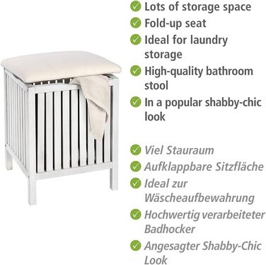 WENKO Badhocker Norway with Laundry Hamper, Storage Ottoman with Padded and Flip-Up Seat as Lid, Solid Walnut Wood, Oiled, Capacity 65 L, (W x H x D): 39 x 52 x 39 cm, Natural (White)