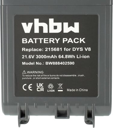 Акумулятор сумісний з пилососами Dyson SV10, V8, V8 Absolute, SV12, V8 Animal, V8 Absolute (3000 mAh, 21,6 V, Li-Ion)