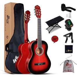 Класична гітара Winzz 4/4 для дорослих та дітей (від 11 років), набір для початківців - Чорний глянцевий (39 дюймів), 3/4 - Червоний
