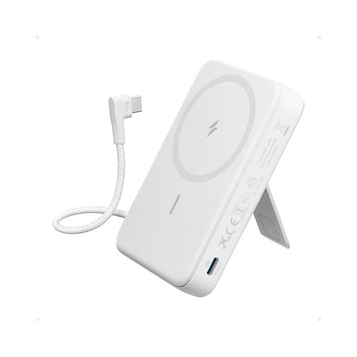 Магнітний павербанк Anker Zolo 10000mAh 30W з вбудованим кабелем USB-C та підставкою, бездротовий зарядний пристрій для iPhone 17/16/15, AirPods, білий