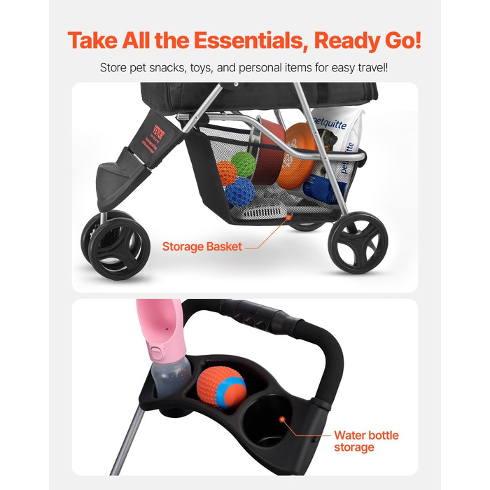 VEVOR 3-Wheel Pet Stroller - Dog & Cat Buggy, 16kg Capacity, Foldable with Cup Holders & Brakes