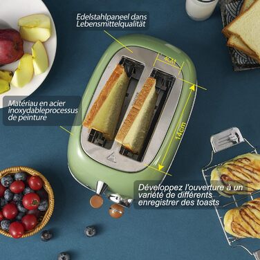 Wiltal Retro 2-Slice Toaster with 6 Adjustable Browning Levels, Stainless Steel with high-quality bread roll attachment. Warming, defrosting, and cancel function, countdown display, quick-toast technology (green)