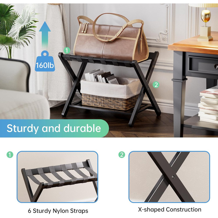 SMIBUY Luggage Rack, Foldable Bamboo Suitcase Stand with Storage Shelves for Guest Room, Bedroom, Hotel, Heavy Duty (Black)