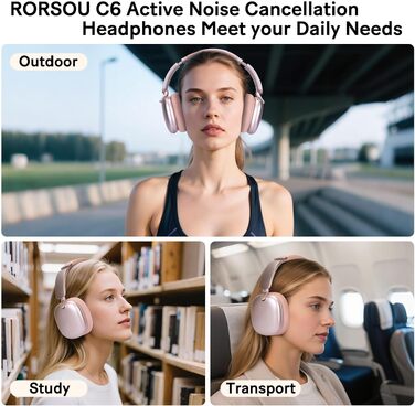 Бездротові накладні навушники C6 з активним шумозаглушенням (ANC), Bluetooth, 60 годин роботи, глибокий бас, мікрофон, складані, Rose Gold