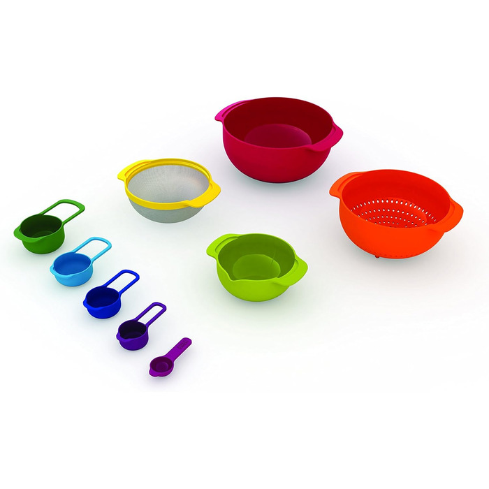 Joseph Joseph Nest 9 Plus, 9-Piece Compact Food Preparation Set with Colander and Mixing Bowls, Space-Saving - Red, 28.5 x 28.5 x 14.5 cm