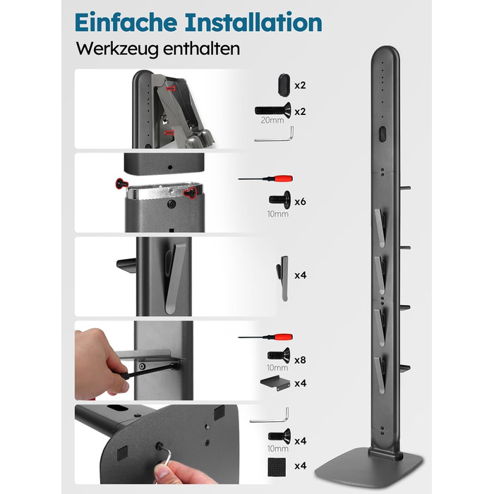 Підставка для пилососів Dyson G5, V15, V12, V11, V10, V8, V7, V6, металева з 4 гачками та 4 полицями, без свердління, стійка, підлогова, приховане кріплення кабелю, темно-сірий