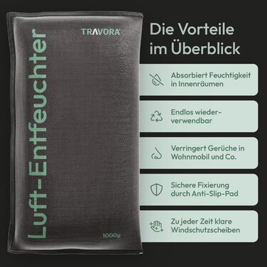 TRAVORA Dehumidifier Pillow 2x 1 kg with Anti-Slip Pad - Dehumidifier - reusable - car interior - extra large, Black
