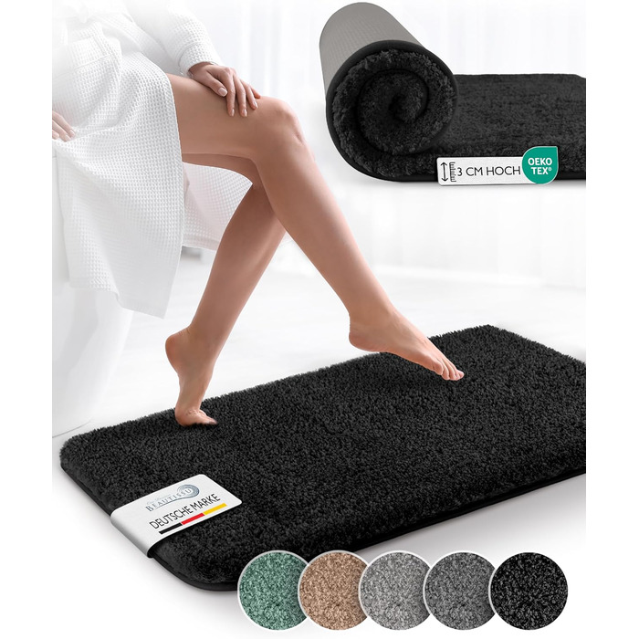 Beautissu Non-Slip Bath Mat - 120x70 cm - Plush Shaggy Bathroom Rug - Absorbent, Washable, Grey - BeauMare FL