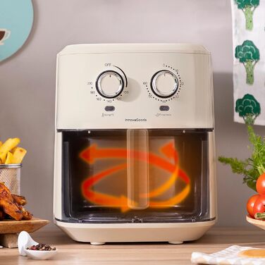 Аерофритюрниця InnovaGoods Vintage 6,5 л, 1700 Вт, з віконцем, антипригарний кошик, таймер, 360° циркуляція повітря, понад 100 рецептів, для 4-6 осіб, кремова