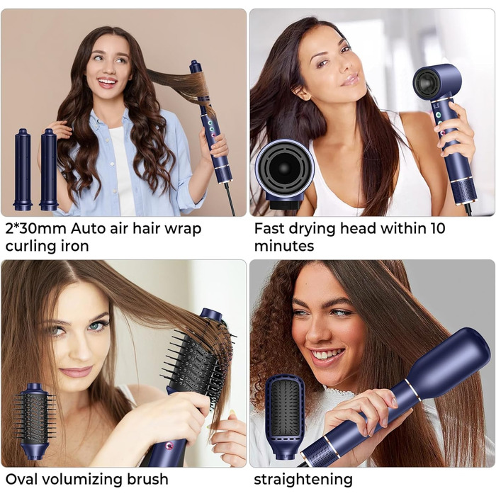 Airstyler 5 в 1: Фен-щітка з іонізацією, 20 м/с, 110 000 об/хв, для створення локонів та випрямлення, легкий, тихий, швидке сушіння, блакитний