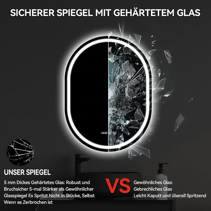 Дзеркало для ванної кімнати YOURLITE з підсвічуванням, 60 см, LED, сенсорне керування, 3 кольори світла, регулювання яскравості, антизапар, пам'ять, годинник, овальне, білий