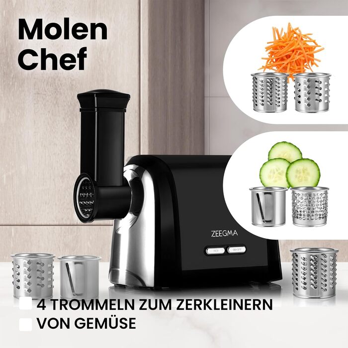 ZEEGMA Electric Meat Grinder - 1900W, Stainless Steel Plates, 3kg/min, Sausage Maker, Kubbe, Chopping, Dicing, REV Function, Accessory Kit
