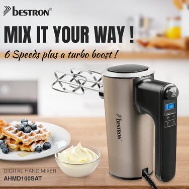 Міксер ручний Bestron Power з 6 швидкостями, Turbo-функцією та LCD-дисплеєм. В комплекті: 2 вінчики та 2 гаки для тіста. Легкий (1 кг), колір: бежевий