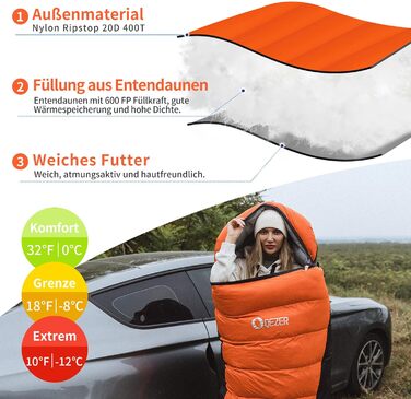 Сплячий мішок пуховий зимовий, 600FP+ преміум-пух, 12°C до -24°C, легкий та теплий для 3-4 сезонів, кемпінг, трекінг, чорний 7°C (оранжевий 0°C)