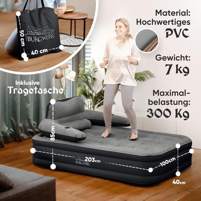 Надувне ліжко 3-в-1 | Гостьове та кемпінгове ліжко | Надувна матрац з електропомпою 150x200 | Самостійно надувна повітряна матрац (1 особа, Чорний/Антрацит)