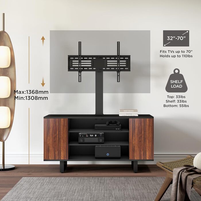 FITUEYES TV Stand with Mount - Wood TV Console for TVs 32-70 inch, Adjustable Height, Swivel ±25°, Up to 40kg, Max.VESA 600x400