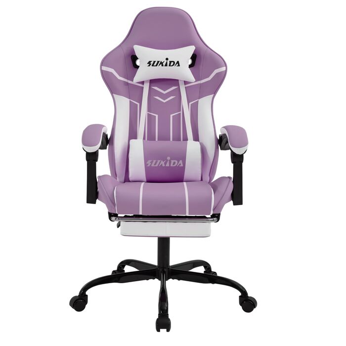 Ігрове крісло SUKIDA Ergonomic Gaming Chair з підставкою для ніг та підтримкою попереку, фіолетово-біле