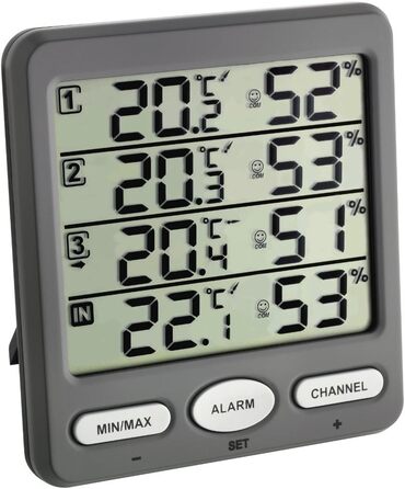 Бездротовий термо-гігрометр TFA Dostmann Klima-Monitor з 3 датчиками, пластиковий, сірий, 116×24(64)×126 мм