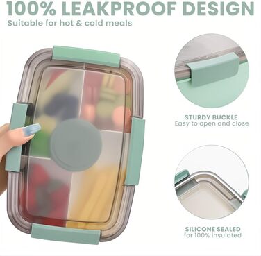 Ланчбокс Bugucat 2000 мл, витримує протікання, бенто-бокс з відділеннями для їжі, контейнер для салату, набір з виделкою, для школи, пікніка, чорний (2000 мл)