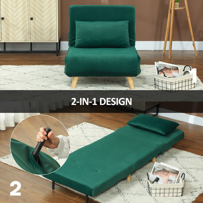 HOMCOM Sleeper Chair, Folding Chair with Bed Function, Decorative Cushion, Foldable Recliner Chair with Adjustable Backrest in Velvet Look, for Living Room, Dark Green | Aosom