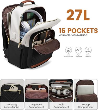 LOVEVOOK Рюкзак для жінок, великий, 15.6 дюймів, сумка для ноутбука, водонепроникний, шкільний рюкзак для дівчаток-підлітків, чорний, елегантний, сумка для роботи, для школи, університету, подорожей, 15.6 дюймів (15.6', Бежево-чорний-коричневий)