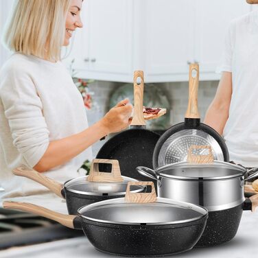 Набір каструль та сковорідок MDHAND з антипригарним покриттям, 12 предметів, чорний граніт, індукційне дно, без PFOA та PFOS