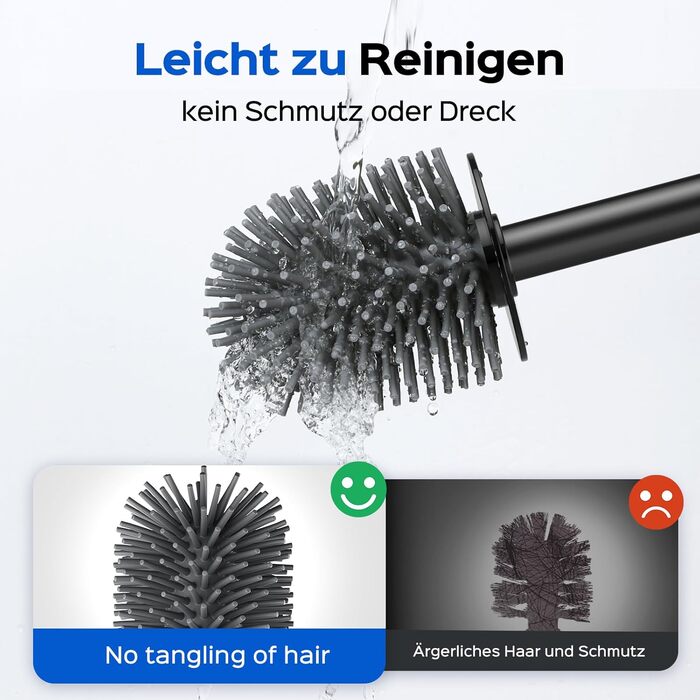 Набір для чищення унітазу Hamitor: щітка з силікону та нержавіючої сталі, кріплення на стіну без свердління, швидке висихання, для ванної кімнати (Чорний)