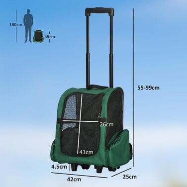 PawHut Рюкзак-переноска для собак та котів 2-в-1 з кишенями, телескопічною ручкою та колесами, 42 x 25 x 55 см, Зелений