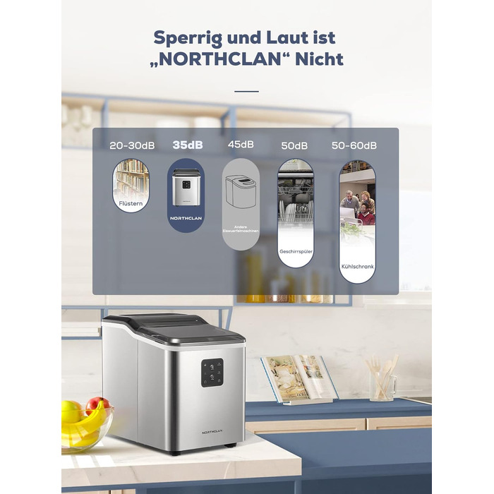 NORTHCLAN Stainless Steel Ice Maker - 14kg Capacity, 2 Sizes, Self-Cleaning, Fast Ice Production, LED Display, 2L Tank, Includes Scoop & Basket