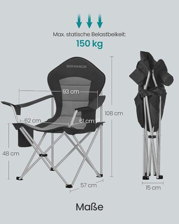 Кемпінговий стілець SONGMICS складаний, широкий, з високою спинкою, чорно-сірий GCB005BH01 - для пікніка, відпочинку на природі, з підсклянником та органайзером