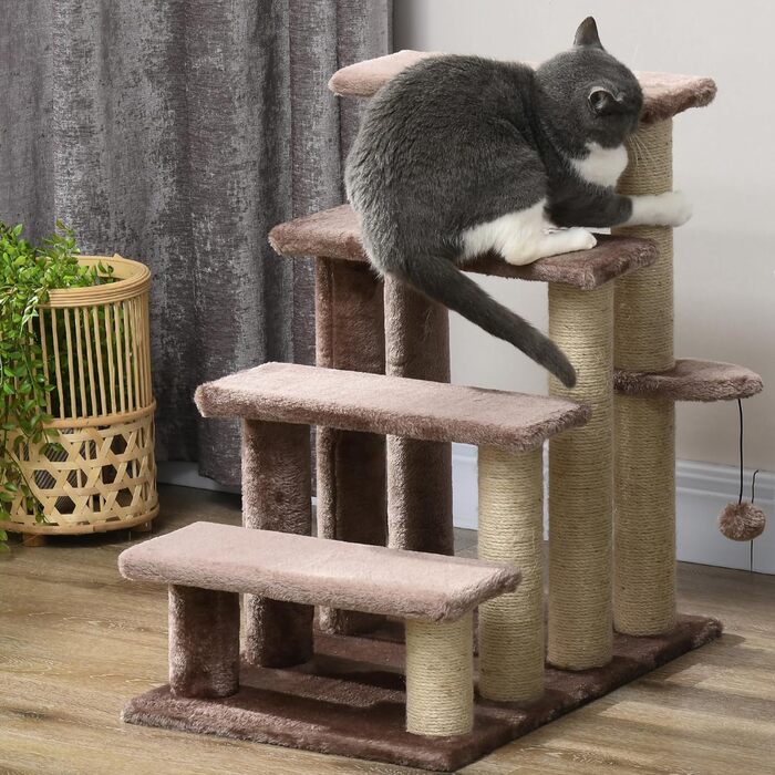 PawHut 3-Step Pet Stairs with Scratching Posts, Ball, Dog Stairs, Pet Stairs for Cats up to 5 kg, Plush Jute, White, 45 x 40 x 48 cm (60L x 40W x 64H cm, Brown)