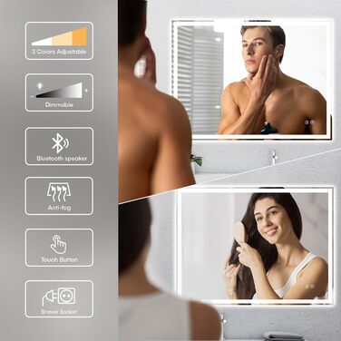 Дзеркало для ванної кімнати з LED-підсвічуванням Dripex, 50x70 см, сенсорне управління, протитуманне покриття, Bluetooth, розетка, 3 кольори світла