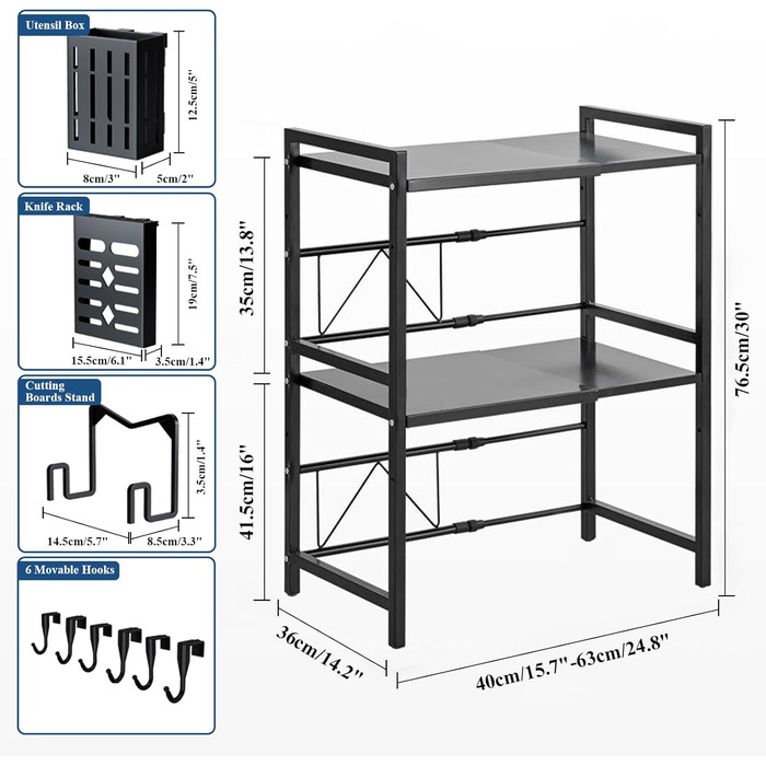 Регульована полиця для мікрохвильової печі, 3-рівнева розширювана стійка, органайзер для кухні з 6 гачками, з вуглецевої сталі, чорний