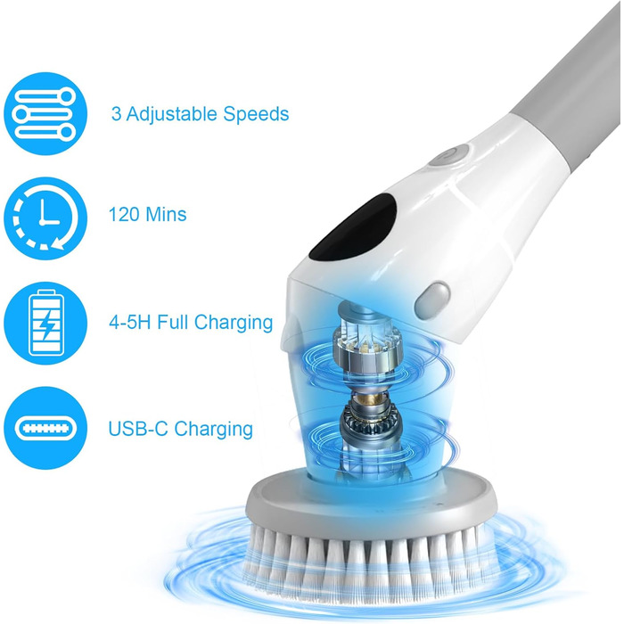 Electric Cleaning Brush, Electric Spin Scrubber Cordless with 8 Replaceable Brush Heads, 3 Speed, Adjustable Handle, LED Screen Electric Brush for Bathroom, Kitchen, Car, Tiles (Gray and White)