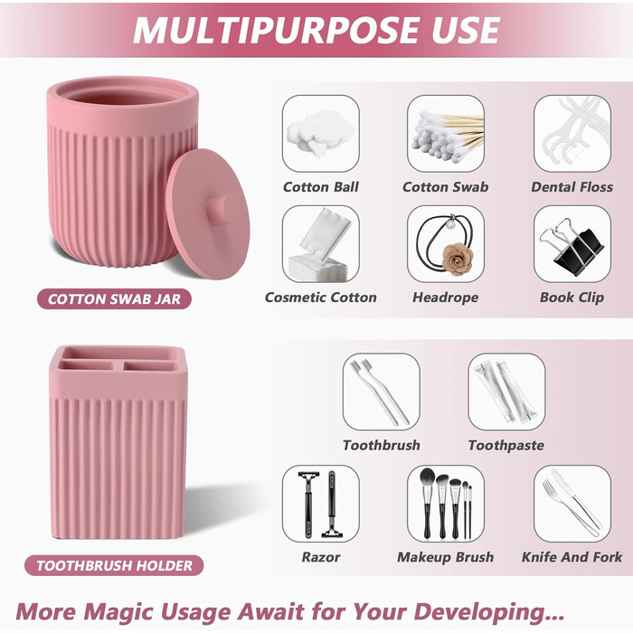 Набір аксесуарів для ванної кімнати XLHOMO, 5 шт. з штучного каміння: дозатор для рідкого мила/лосьйону, тримач для зубних щіток, чашка, контейнер для ватних паличок та органайзер для косметики, рожевий
