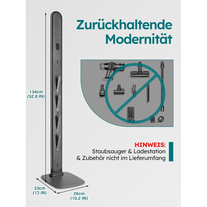 Стійка для пилососів Dyson G5, V15, V12, V11, V10, V8, V7, V6, металева, з 4 гачками та 4 полицями, без свердління, стабільна, підлогова, приховане кріплення кабелю (Темно-сірий)