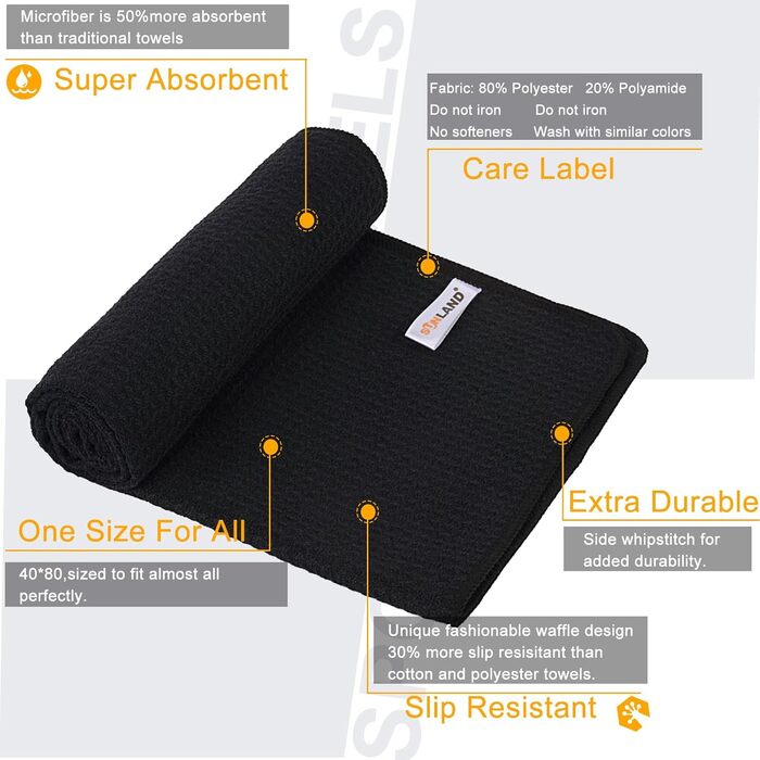 Рушник мікрофібра Sunland: спортивний, для подорожей, 40x80 см, чорний, швидковисихаючий