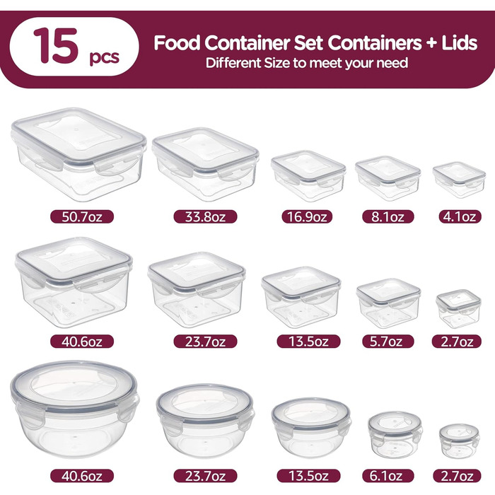 Набір контейнерів для зберігання їжі Jim's Store (30 шт.) з кришками, 15 контейнерів + 15 кришок. Високоякісні, герметичні контейнери для кухні, мікрохвильової печі та морозильної камери.