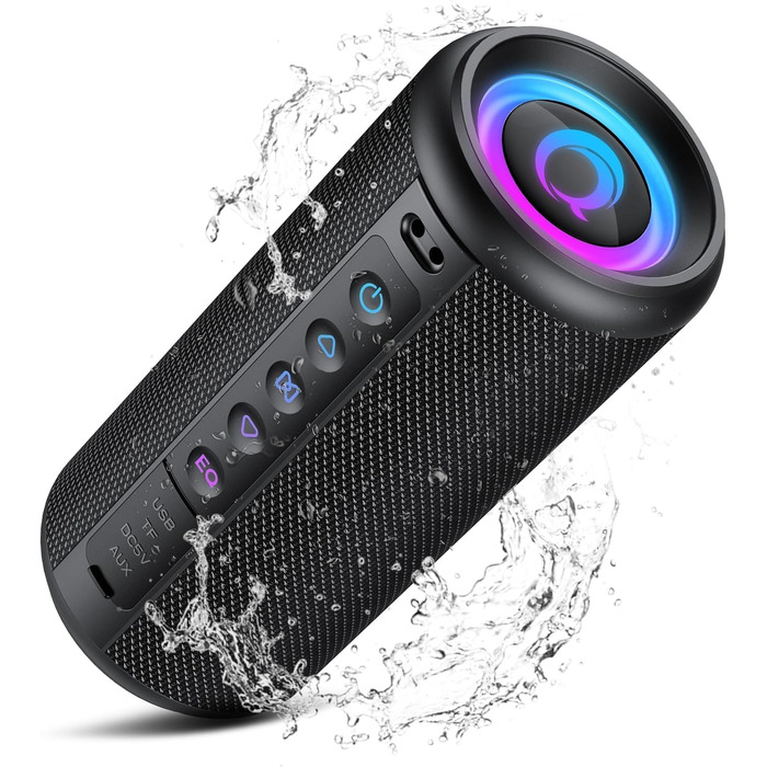 Bluetooth колонка 2026 з RGB підсвіткою, портативна, водонепроникна IPX7, з мікрофоном, для дому, саду та подорожей, чорна