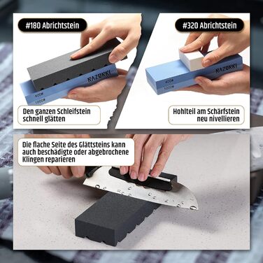 Набір алмазних точильних каменів Razorri (400/1000, 3000/8000 grit) з правильним каменем, кутовою наставкою, бамбуковою основою та шкіряним ременем для заточування та полірування металевих лез. Преміум-набір