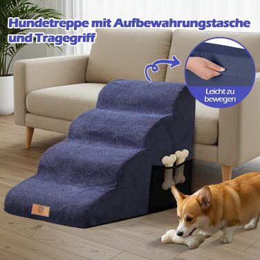 Сходинки для собак Eukue: 2/4 сходинки для маленьких собак до ліжка/дивану, з щільного пінополіуретану, портативні, знімний чохол (білий/синій)